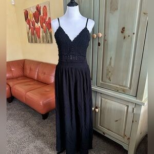 Rebellion Black Crochet Cotton Rayon Lined Black Maxi Dress w. Straps V-neck